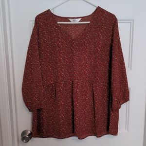 Agnes Orinda 1X Red Floral Polka Dot Babydoll Blouse V-Neck 3/4 Balloon Sleeve